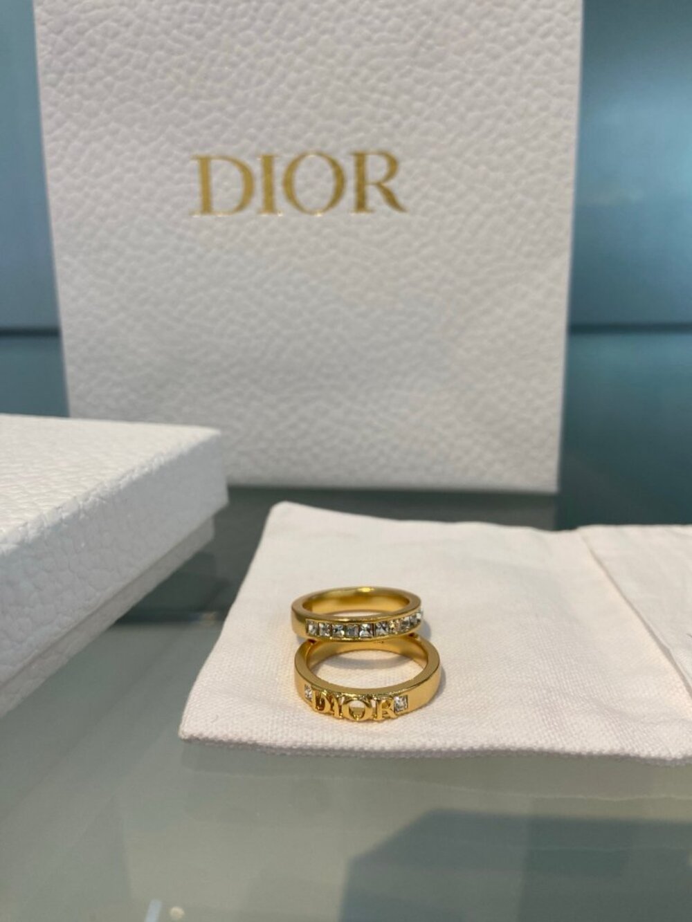 Dior Gold-Tone Crystal Pavé & DIOR Lettering Ring Set of 2
